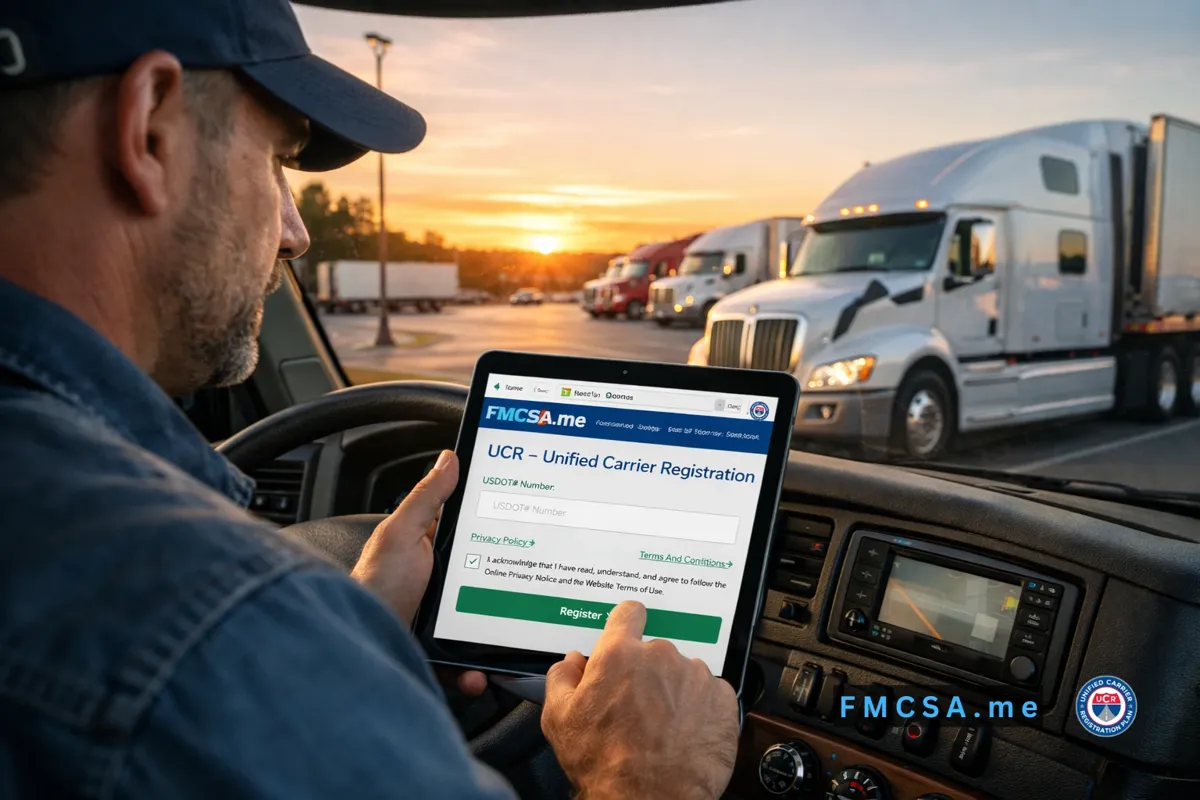 Truck driver completing UCR registration on a tablet.