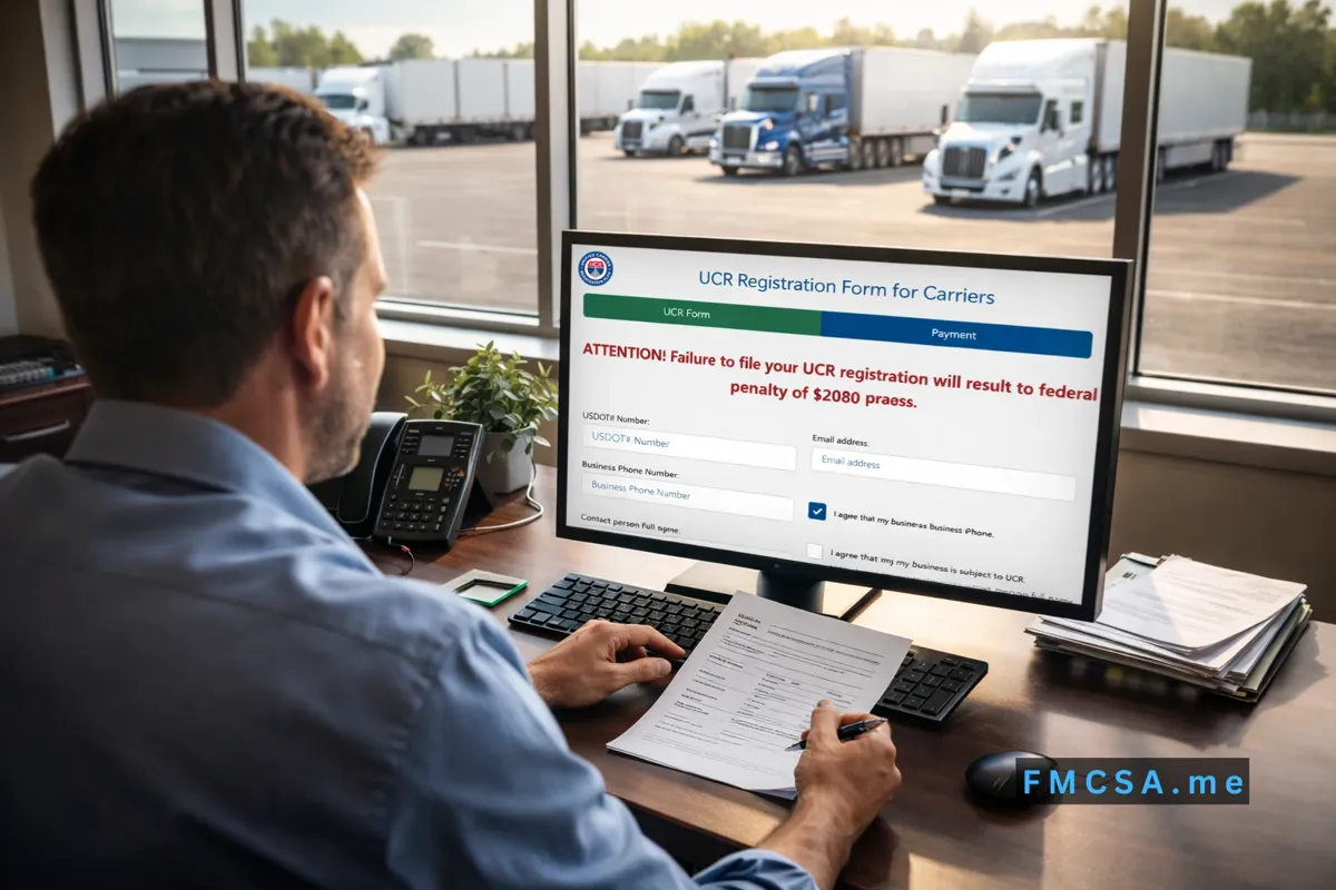 Truck dispatcher completing UCR registration form on computer in trucking office with fleet trucks outside.